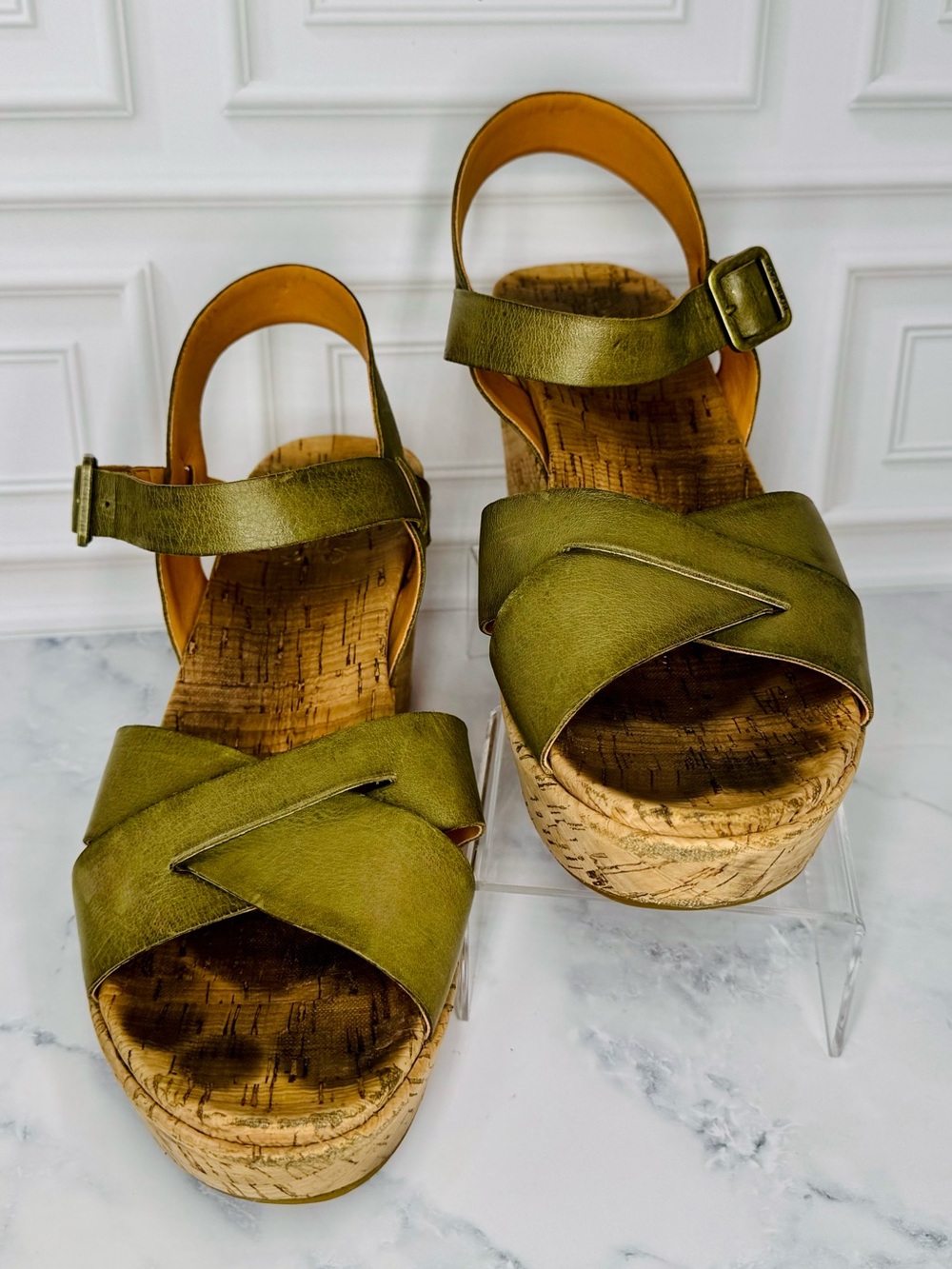 Kork-Ease Myrna Olive Green Leather Cork Wedge Sandals 10M - Picture 2 of 14